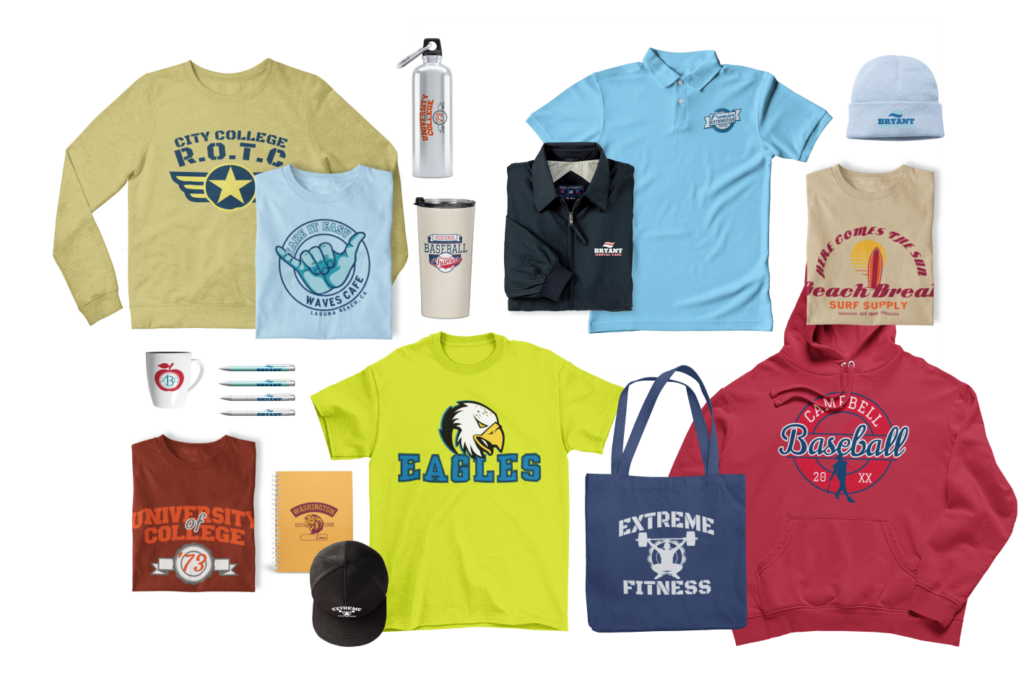 Collection of custom printed T shirts, hats, and tote bags produced by Branded Screen Printing & Embroidery in Reno Nevada