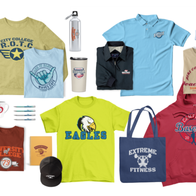 Collection of custom printed T shirts, hats, and tote bags produced by Branded Screen Printing & Embroidery in Reno Nevada