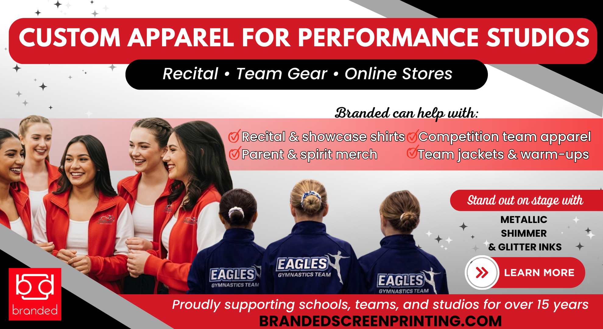 Custom apparel for performance studios including recital shirts, team gear, jackets, parent merch, online stores, and ready-to-use dance design templates.