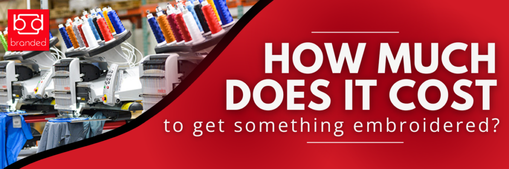 Commercial embroidery machine stitching a custom logo, illustrating how stitch count and design size impact embroidery pricing.