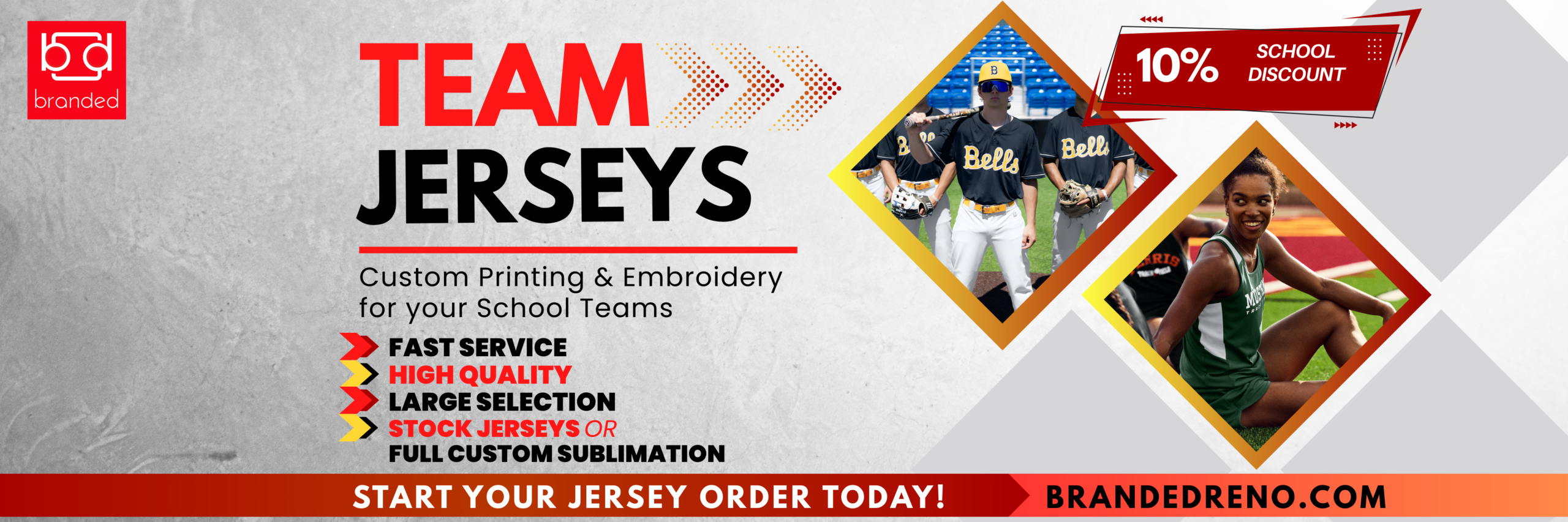 Custom team jerseys for schools and teams. Baseball, softball, lacrosse, track, volleyball & more with fast turnaround.