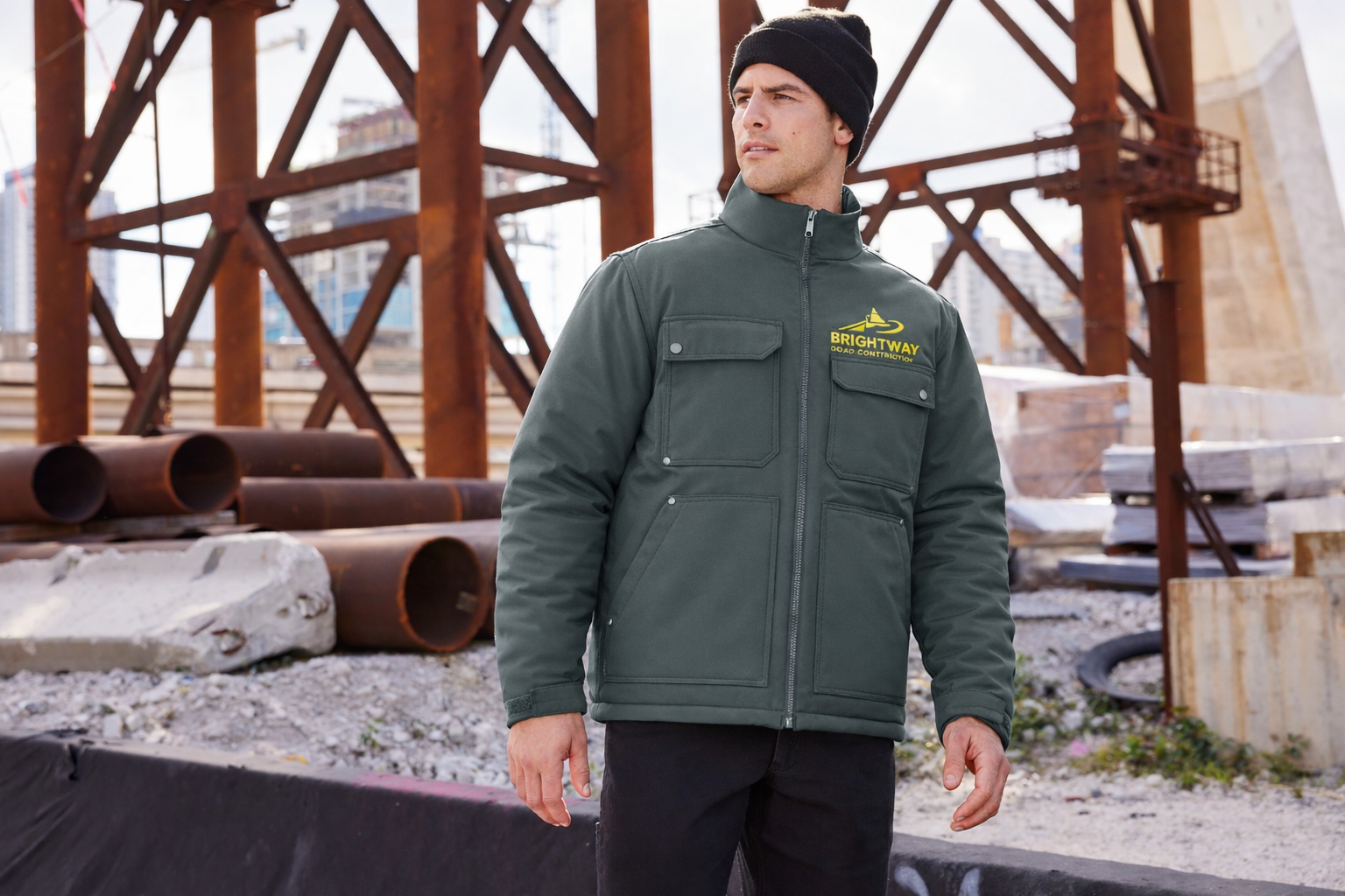 Branded work jacket with embroidered company logo at a construction site