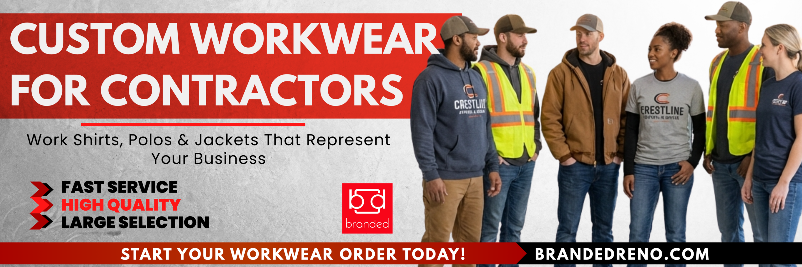Custom work shirts, polos, and jackets for contractor crews. Embroidery and screen printing that holds up on the job. Typically ready in 5–7 business days after proof approval.
